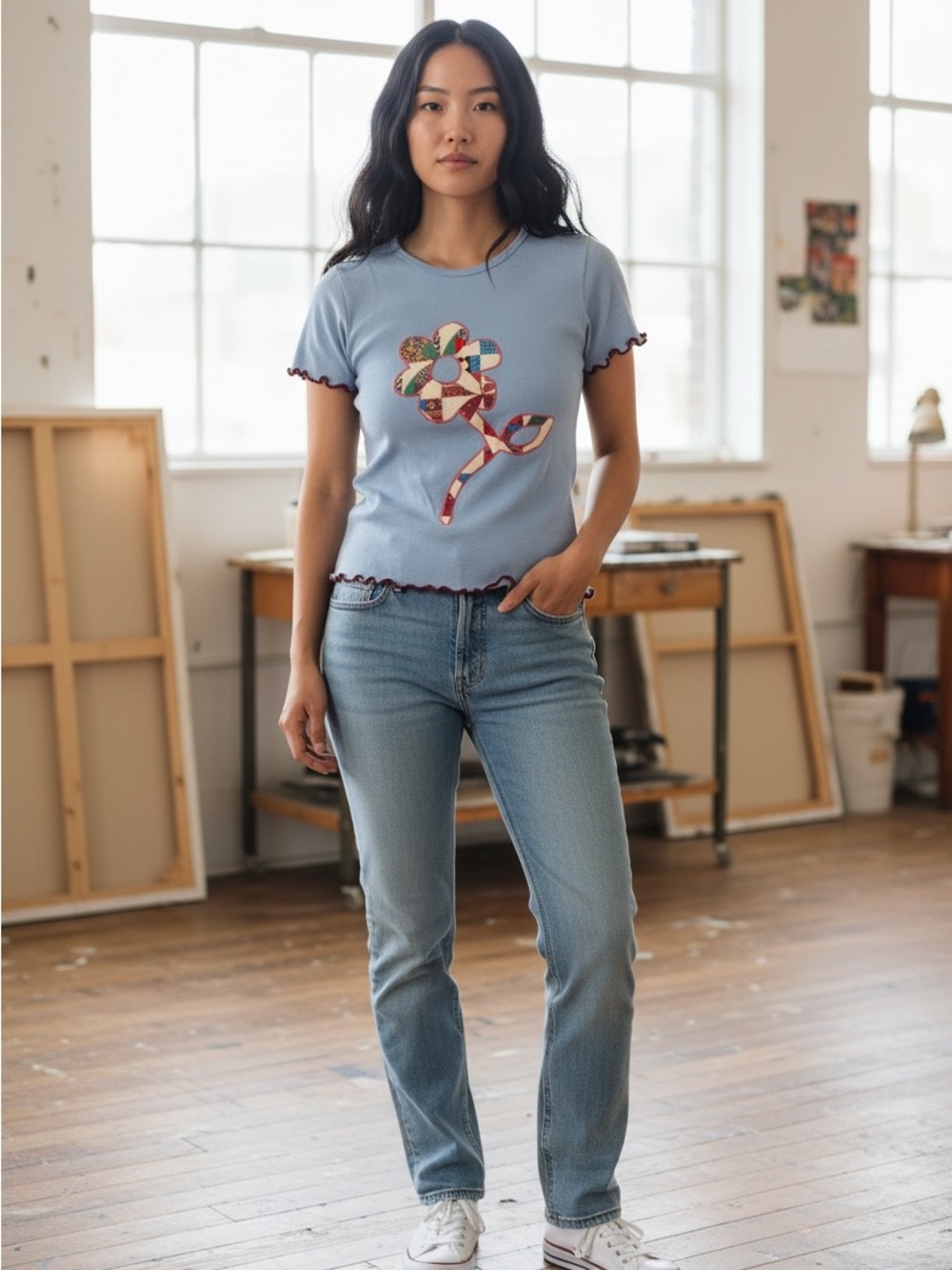 Kimchi Blue Boho Blue Paisley Flower Crewneck Tee with Maroon Scalloped Trim - Picture 6 of 6